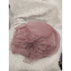 Womens Mauve Pink Organza Church Hat Wide Brim Ruffle Floral Kentucky Derby Tea